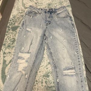 Light blue lightning bolt printed mom jeans